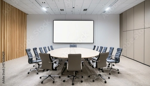 Fototapeta A white screen mockup in a corporate conference room with standard office chairs, a large oval table in the center, creating a professional and minimalist atmosphere.