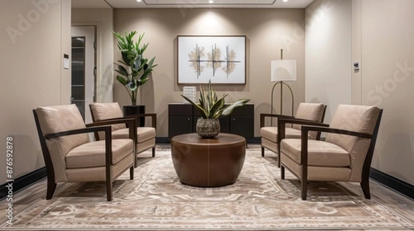 Fototapeta Transitional workplace interiors combine traditional elegance with modern elements. Expect sophisticated decor, neutral hues, and a fusion of classic and contemporary furniture.
