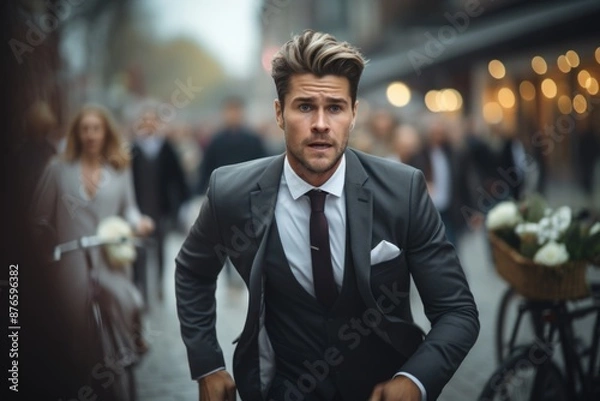 Fototapeta Corporate race - a businessman running, embodying concept of fast work and corporate lifestyle, illustrating demands of modern life and pursuit of business success in a dynamic world.