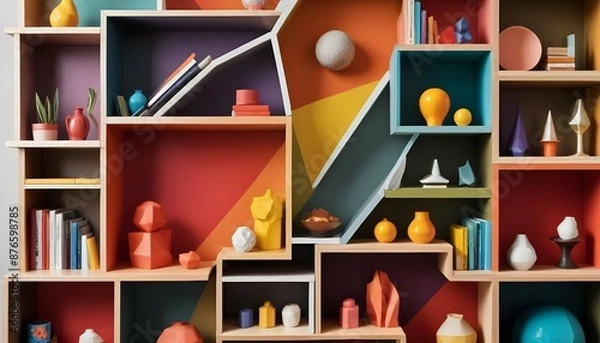 Fototapeta A close-up of a geometric, modular bookshelf filled with various objects arranged by color.