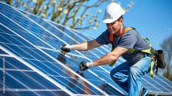 Fototapeta Solar power engineer installing solar panels, Generative Ai.