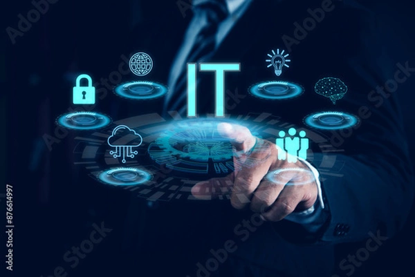 Fototapeta IT consultant presenting tag cloud about information technology. Tech icons illustration. Futuristic background. Businessman pointing Icon IT.