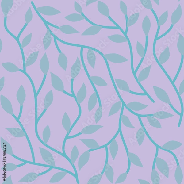 Fototapeta Contrast flat  wavy branches seamless pattern. Light green curve stems and leaves on pastel purple background. Intricate botanical allover illustration