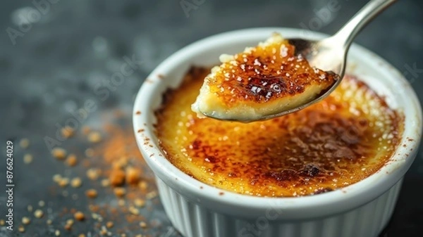 Obraz Rich, creamy creme brulee with caramelized sugar topping in white ramekin