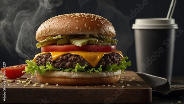 Obraz A delicious grilled Angus burger with cheese, lettuce, and tomato on a sesame seed bun. advertising social media