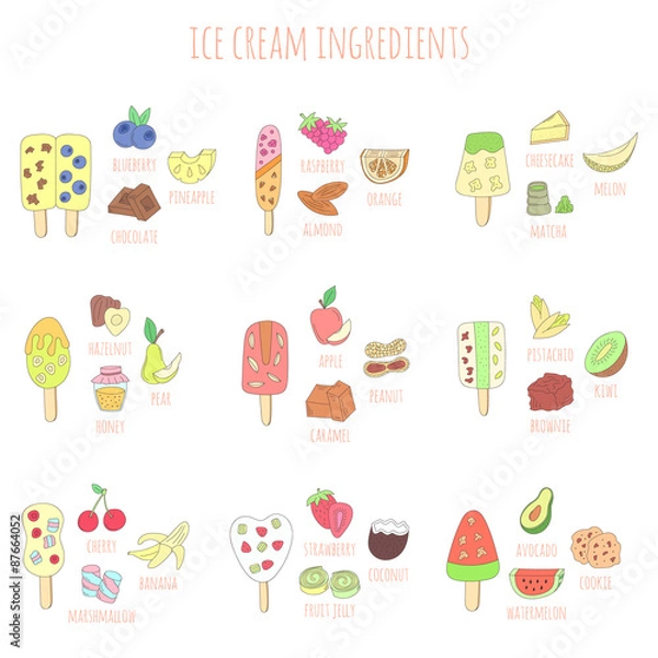 Obraz doodle ice cram and ingredients