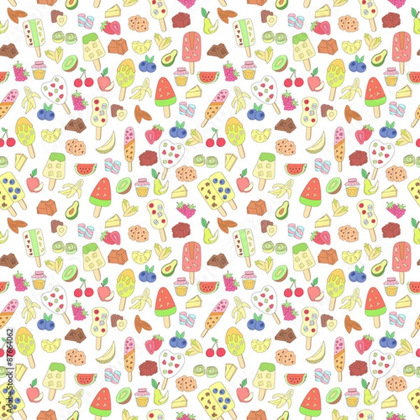 Obraz doodle ice cream, fruits, berry, sweets pattern