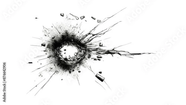 Fototapeta A bullet hole in glass simple black ink drawing transparent background