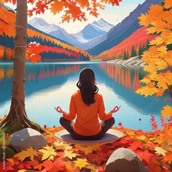 Obraz Mindfulness in Nature: Meditation by the Lake in the Fall. Mindful Travel