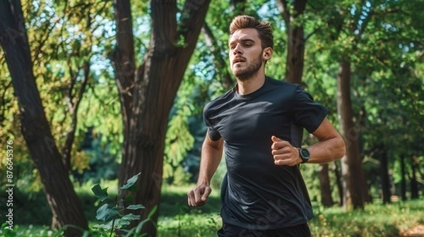 Fototapeta A man is running in a forest with a watch on his wrist