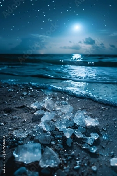 Obraz Sparkling crystals scattered across a sandy beach under the moonlight, Generative AI