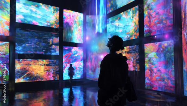 Fototapeta Person standing in immersive digital art exhibit with vibrant colors abstract futuristic technology innovation modern