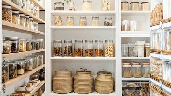 Fototapeta Minimalist pantry with clean lines in a Scandinavian home, featuring white shelves and labeled containers