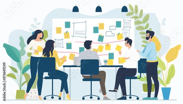 Fototapeta Animated group of colleagues collaborating on ideas in front of a sticky note board