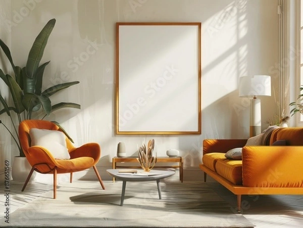 Obraz Mid Century modern living room featuring stylish, cozy furniture with a single blank white portrait poster frame for a chic ambiance