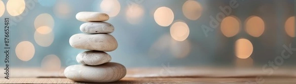 Obraz Serene stack of five balanced stones against a blurred bokeh background, symbolizing tranquility, balance, and meditation in natural settings.