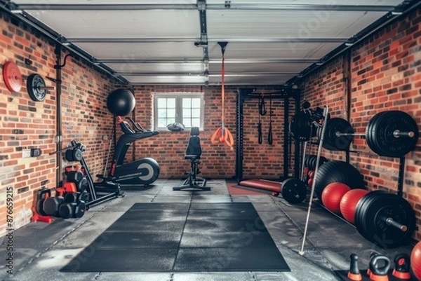 Obraz A cozy garage converted into a home gym with exercise equipment, Generative AI