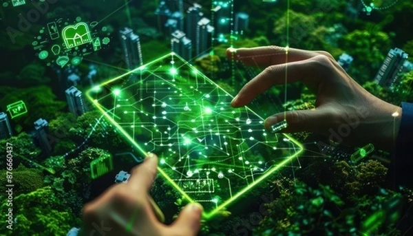 Fototapeta Hands using a futuristic green digital interface in a lush forest. Concept of technology, nature integration, and environmental innovation.