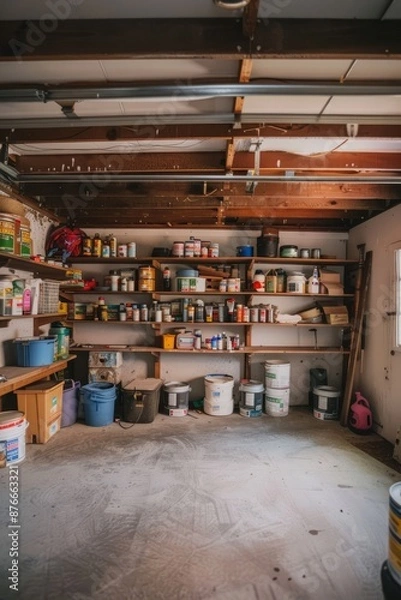 Fototapeta An empty garage with shelves stacked with paint cans and DIY supplies, Generative AI 