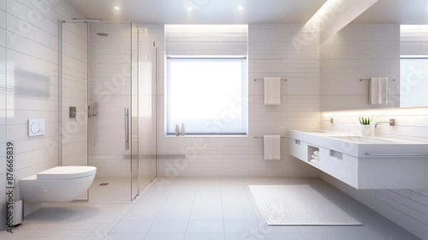 Fototapeta Ergonomic bathroom with safety grab bar, textured tiles, and rubber mat