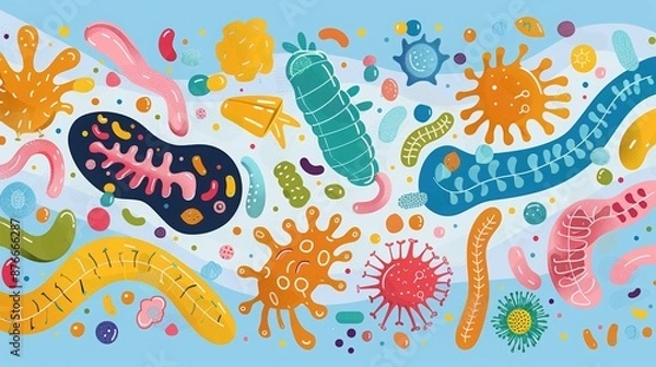 Fototapeta Colorful abstract illustration of various microorganisms, bacteria, and viruses on a light background, perfect for science education.