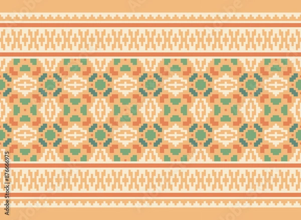 Fototapeta Ethnic Geometric Seamless Fabric Pattern Cross Stitch Embroidery Oriental Pixel Pattern Detailed Vector Illustration for Textile.