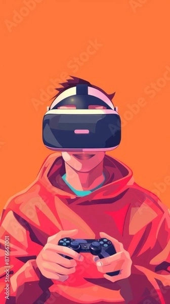 Fototapeta Virtual reality Man Gamer hands holding gaming console controller. Concept of cartoon style character in metaverse. Happy people positive emotions. Human happiness smile on face. vector illustration