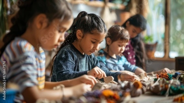 Fototapeta Happy smiling children having fun to learning and work with craft art workshop, showcasing their creativity and joy with friends.