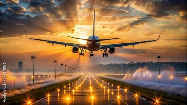 Fototapeta A Jet Airplane Is Landing On A Runway At Sunset. The Plane Is Silhouetted Against The Bright Sky.