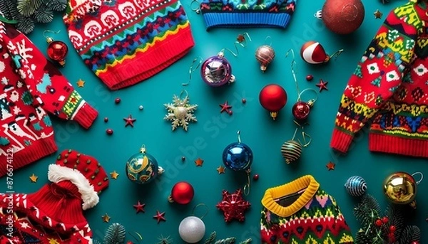 Fototapeta festive national ugly christmas sweater day decorations in vibrant flat lay composition