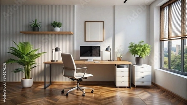 Fototapeta A Modern Home Office With A Large Window, Plants, And A Comfortable Desk And Chair.