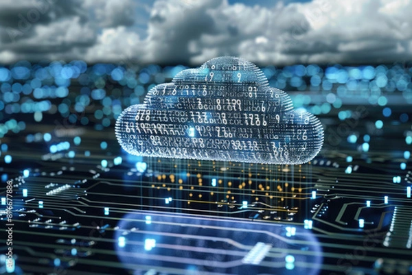 Fototapeta Cloud computing and cloud storage, blue circuit