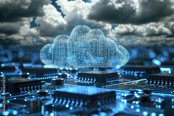 Fototapeta Cloud computing and cloud storage, blue circuit