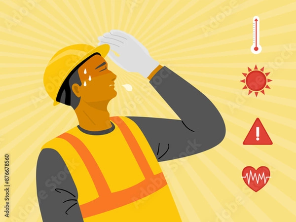 Fototapeta A worker man has heat stroke and high temperature symbol in flat vector illustration.
