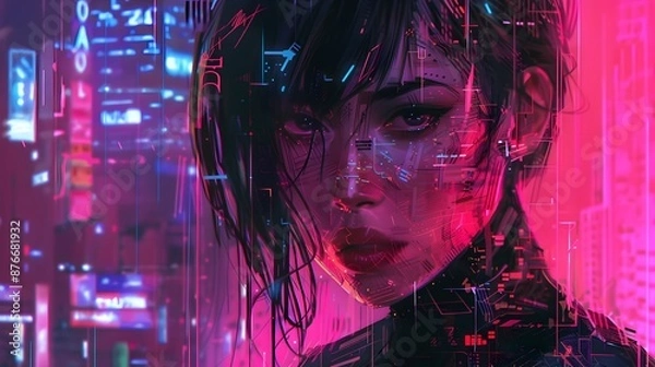 Fototapeta Captivating Portrait of a Mysterious Woman Amidst Neon Lit Urban Landscape