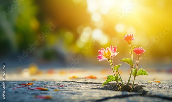 Fototapeta New life sprouting from cracked ground, symbolizing growth and hope in environmental protection concept