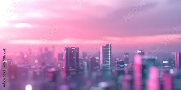 Fototapeta Neon Cityscape Art with Pink and Purple Synthwave Aesthetics. Concept Cityscape Photography, Neon Art, Synthwave Aesthetics, Pink and Purple Theme