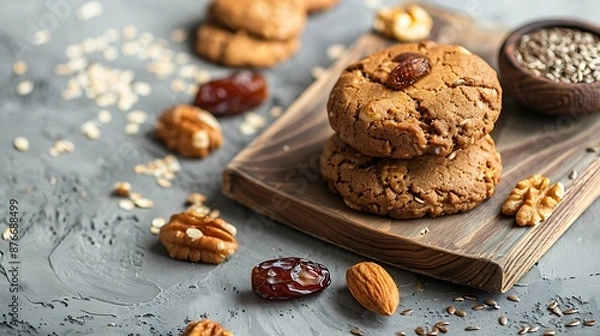 Fototapeta Healthy oatmeal cookies with dates nuts and flaxseed on a wooden board on a gray textured background