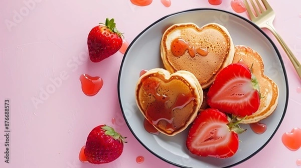 Fototapeta Heart pancakes with strawberry on plate with tableware on pink background