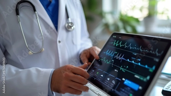 Obraz Doctor analyzing EKG data on digital tablet in hospital or clinic, Healthcare and medical technology concept.