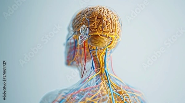 Obraz Human anatomy model showcasing the brain, nervous system, and blood vessels. Concepts. medical education, neurology, biology, and human body.