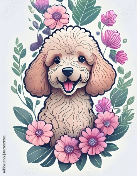 Obraz 귀여운 행복 푸들 개와 분홍색 꽃 레이어 로고, 흰색 배경