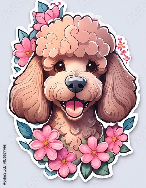 Obraz 귀여운 행복 푸들 개와 분홍색 꽃 레이어 로고, 흰색 배경