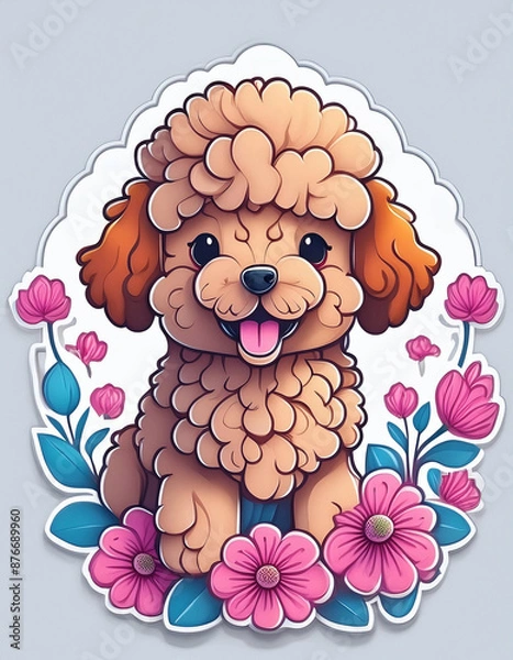 Obraz 귀여운 행복 푸들 개와 분홍색 꽃 레이어 로고, 흰색 배경