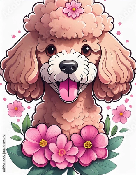 Obraz 귀여운 행복 푸들 개와 분홍색 꽃 레이어 로고, 흰색 배경