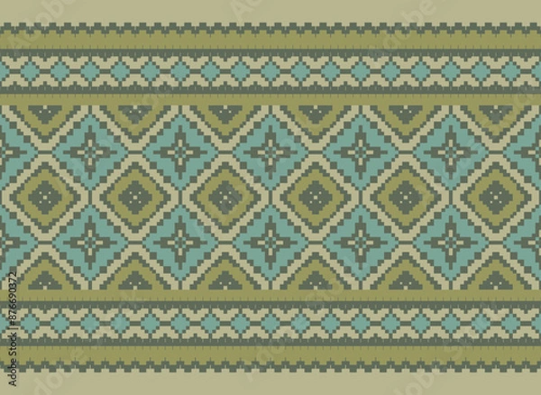 Fototapeta Cross Stitch Pattern With Hearts and Bird Couple. Traditional Ethnic Motifs Ikat Geometric Fabric Pattern Cross Stitch. Ikat Embroidery Ethnic Oriental Pixel 