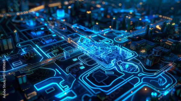 Fototapeta The overall mood should be futuristic and user-friendly, reflecting the advanced technology and practical applications of smart maps. 