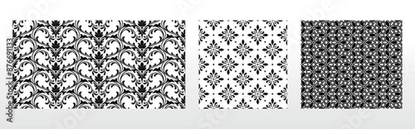 Fototapeta Geometric floral set of seamless patterns. White and black vector backgrounds. Damask graphic ornaments.