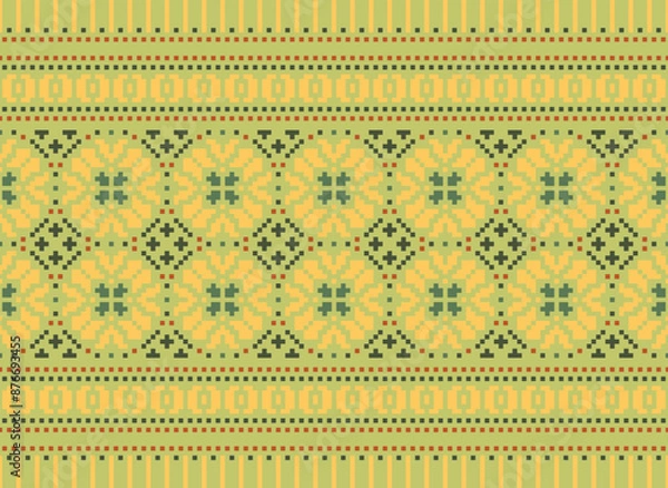 Fototapeta Cross Stitch Pattern With Hearts and Bird Couple. Traditional Ethnic Motifs Ikat Geometric Fabric Pattern Cross Stitch. Ikat Embroidery Ethnic Oriental Pixel 