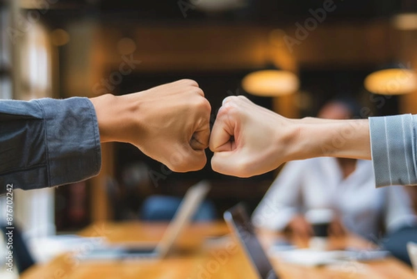 Obraz Two people are fist bumping each other in a conference room. The room is filled with people and there are several laptops and a cup on the table. Scene is positive and friendly